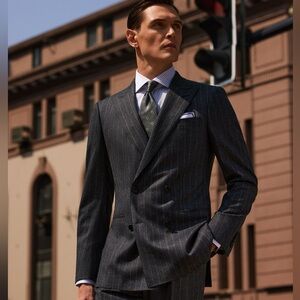 *(22) Steel Men's Charcoal Pinstripe Double-Breasted Vintage Blazer